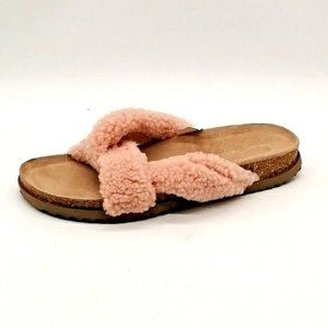 Treasure & Bond Womens Criss Cross Strap Slide‎ Slipper Pink Faux Fur Flat 8M